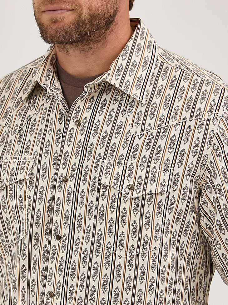Wrangler Mens Ecru Stripe Retro Premium Long Sleeve Western Snap Shirt-112369843