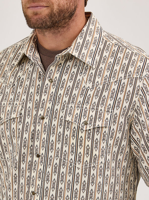 Wrangler Mens Ecru Stripe Retro Premium Long Sleeve Western Snap Shirt-112369843