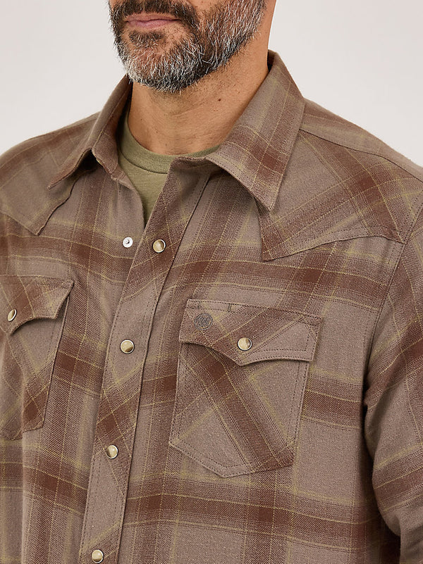 Wrangler Mens Clay Brown Retro Long Sleeve Flannel Plaid Shirt-112370177