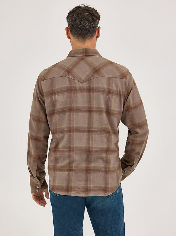 Wrangler Mens Clay Brown Retro Long Sleeve Flannel Plaid Shirt-112370177