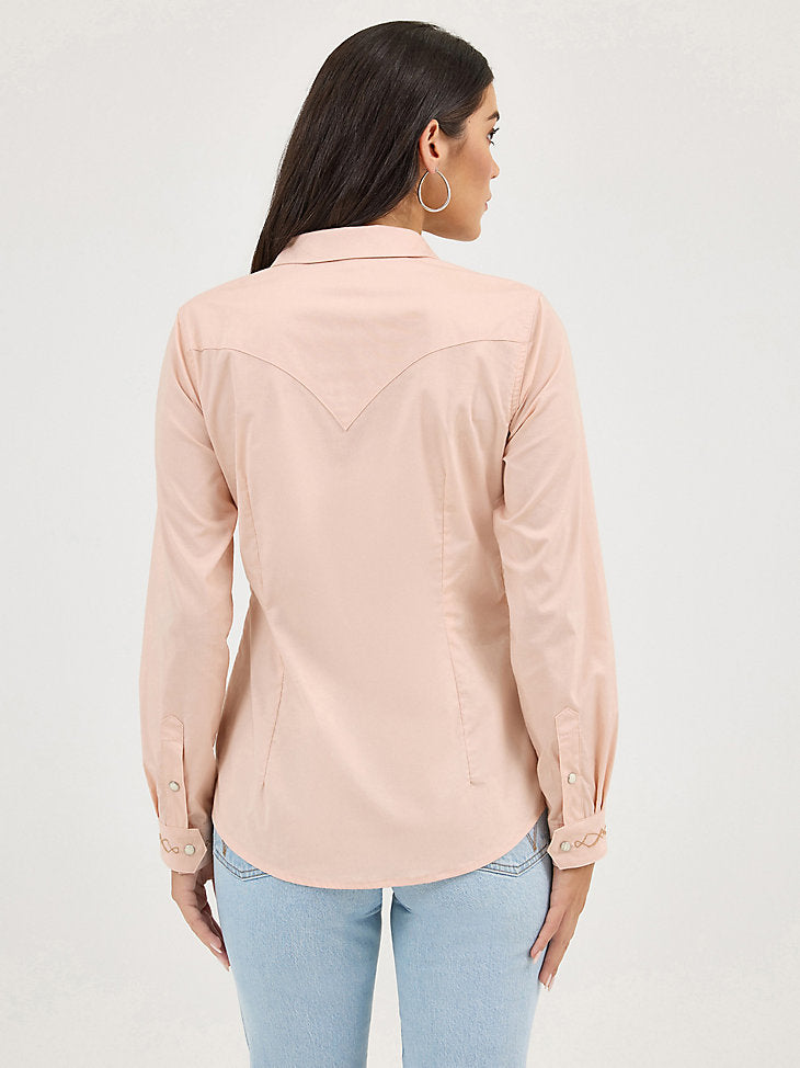 Wrangler Ladies Pink Embroidered Collar Slim Western Snap Shirt-112372603