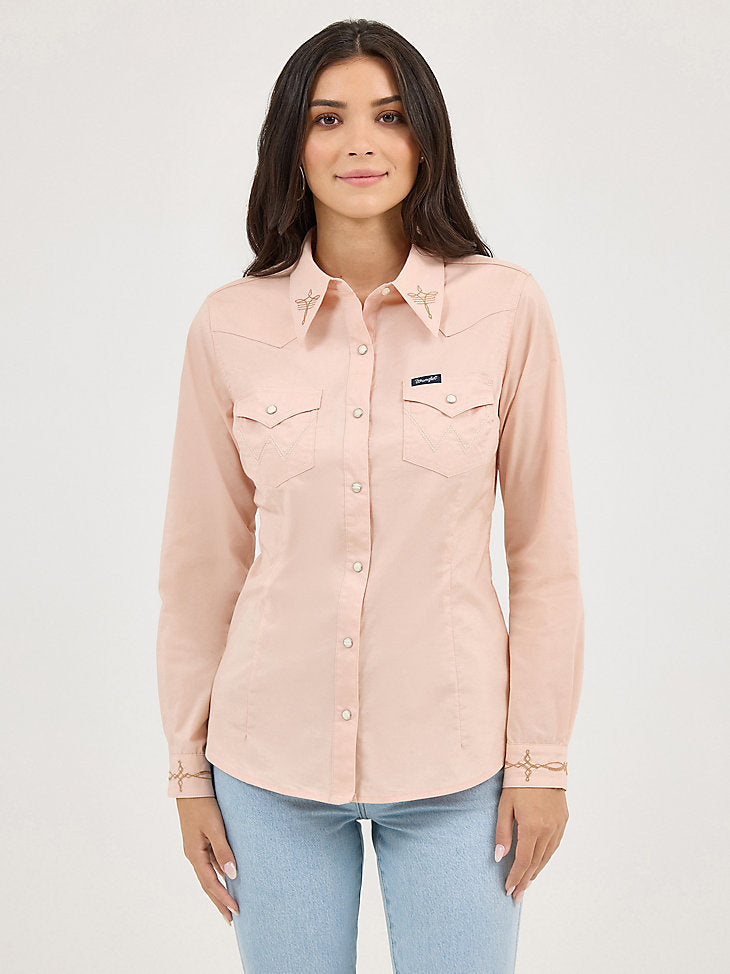 Wrangler Ladies Pink Embroidered Collar Slim Western Snap Shirt-112372603