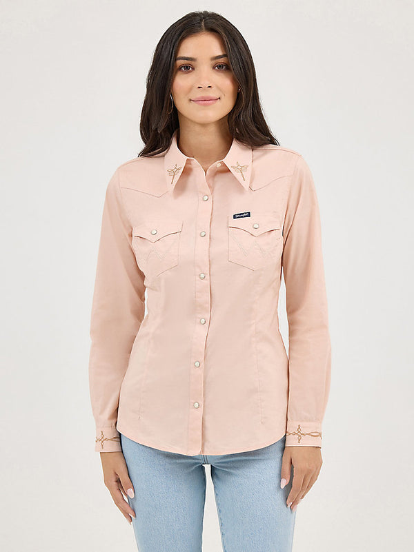 Wrangler Ladies Pink Embroidered Collar Slim Western Snap Shirt-112372603