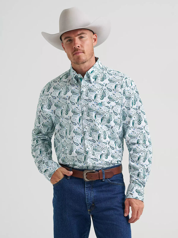 Men's Wrangler George Strait Long Sleeve Button Down Pocket Shirt - Aqua Paisley - 112374541