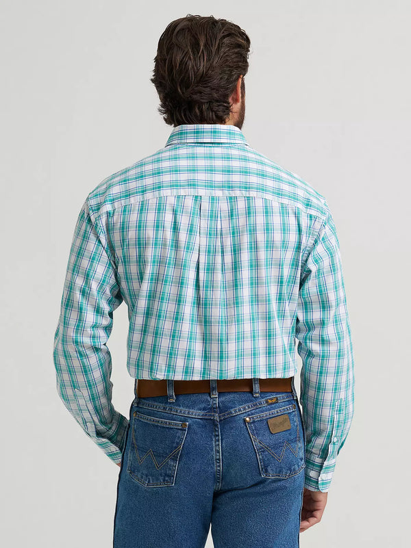 Men's Wrangler George Strait Long Sleeve Button Down - Aqua Madras - 112374594