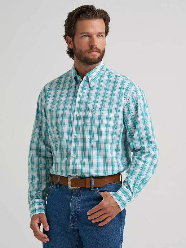 Men's Wrangler George Strait Long Sleeve Button Down - Aqua Madras - 112374594