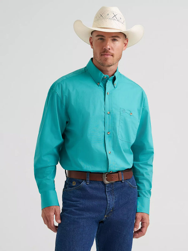 Wrangler George Strait Solid One Pocket Button Down Shirt - Aqua - 112374595