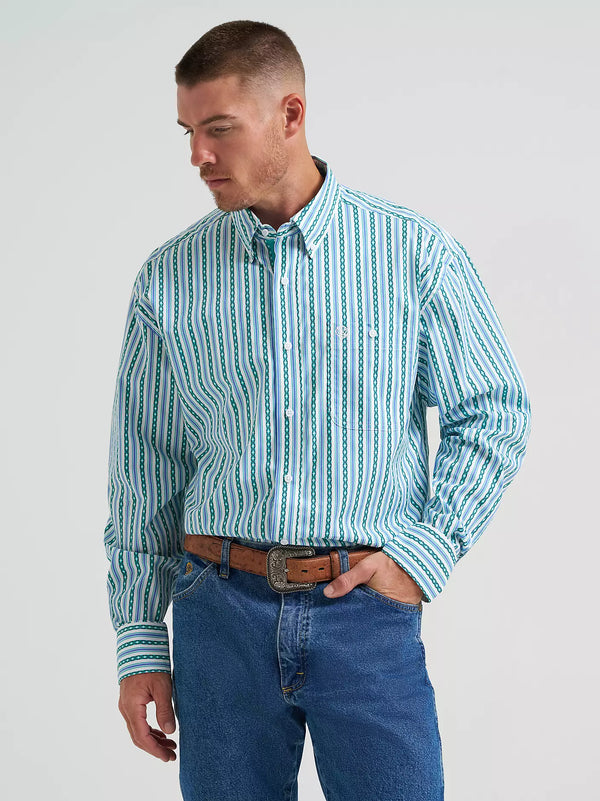 Wrangler George Strait Long Sleeve Button Down One Pocket Shirt - Aqua Chain Stripe - 112374596