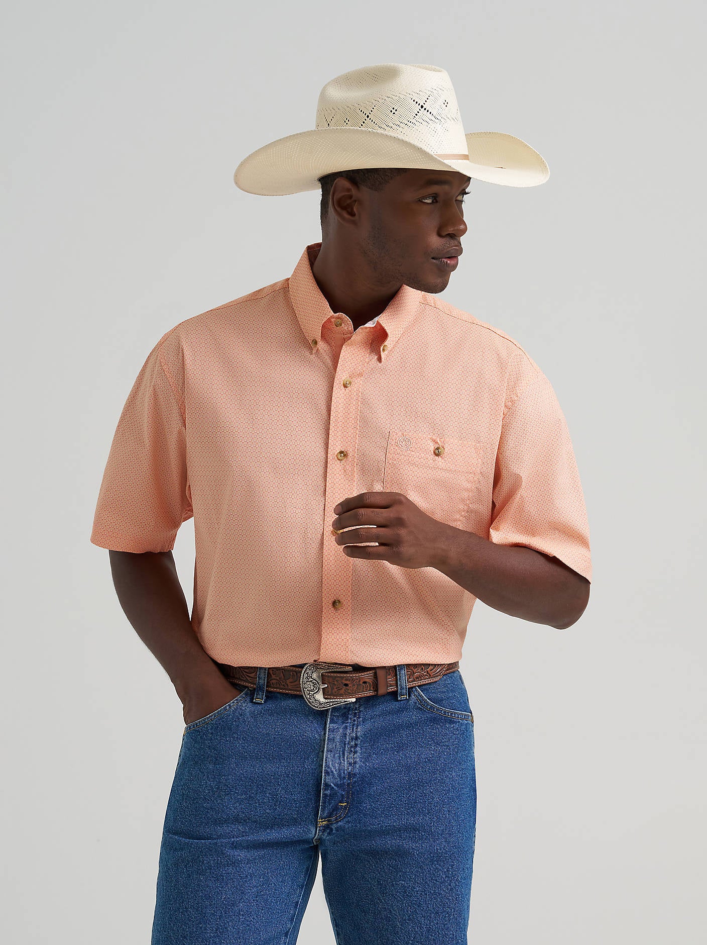 Wrangler Mens George Strait Peach Mod Short Sleeve One Pocket Button Down Shirt-112374611