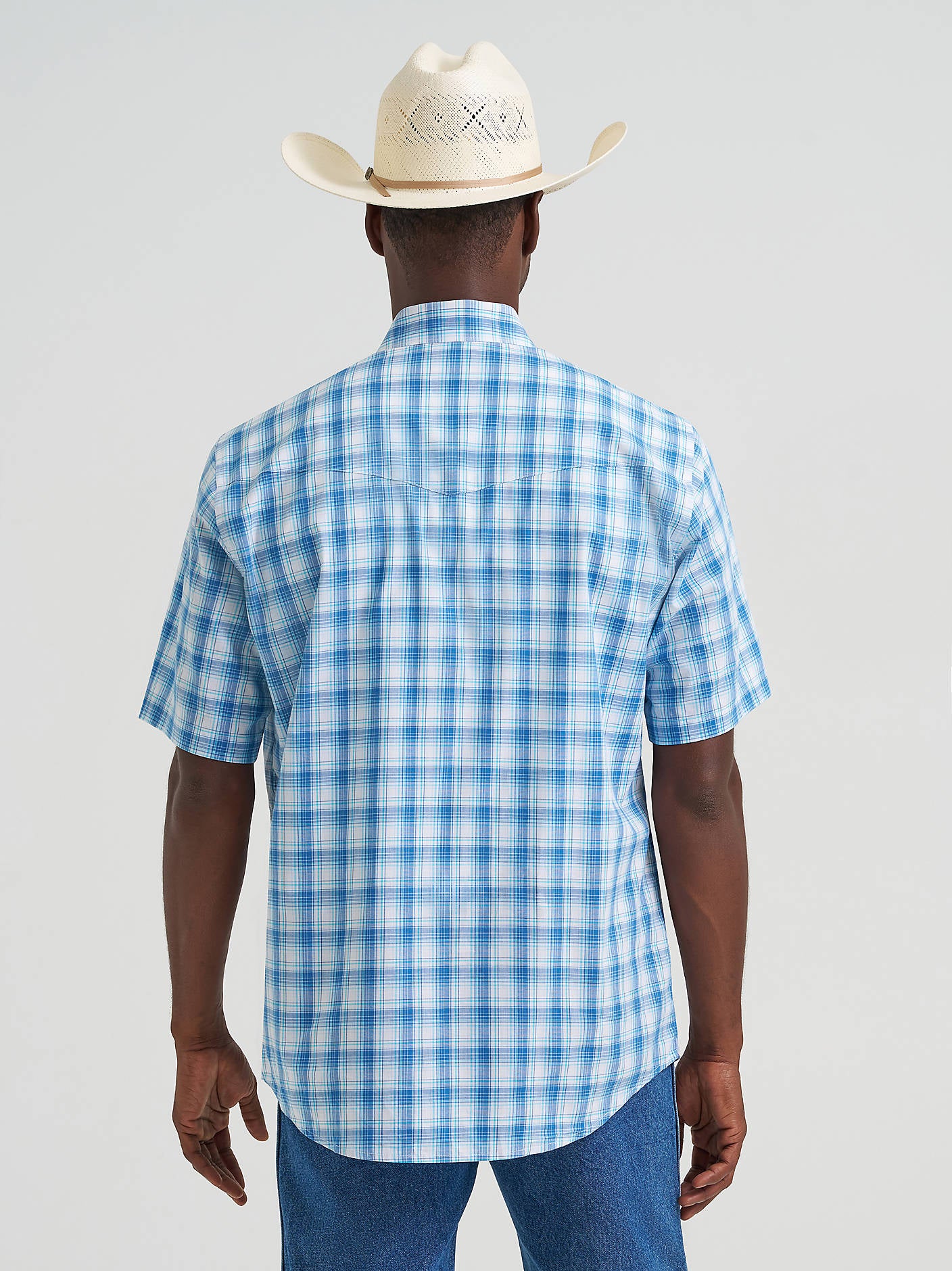 Wrangler Men's Wrinkle Resist Short Sleeve Blue Plaid Snap Shirt-112374834