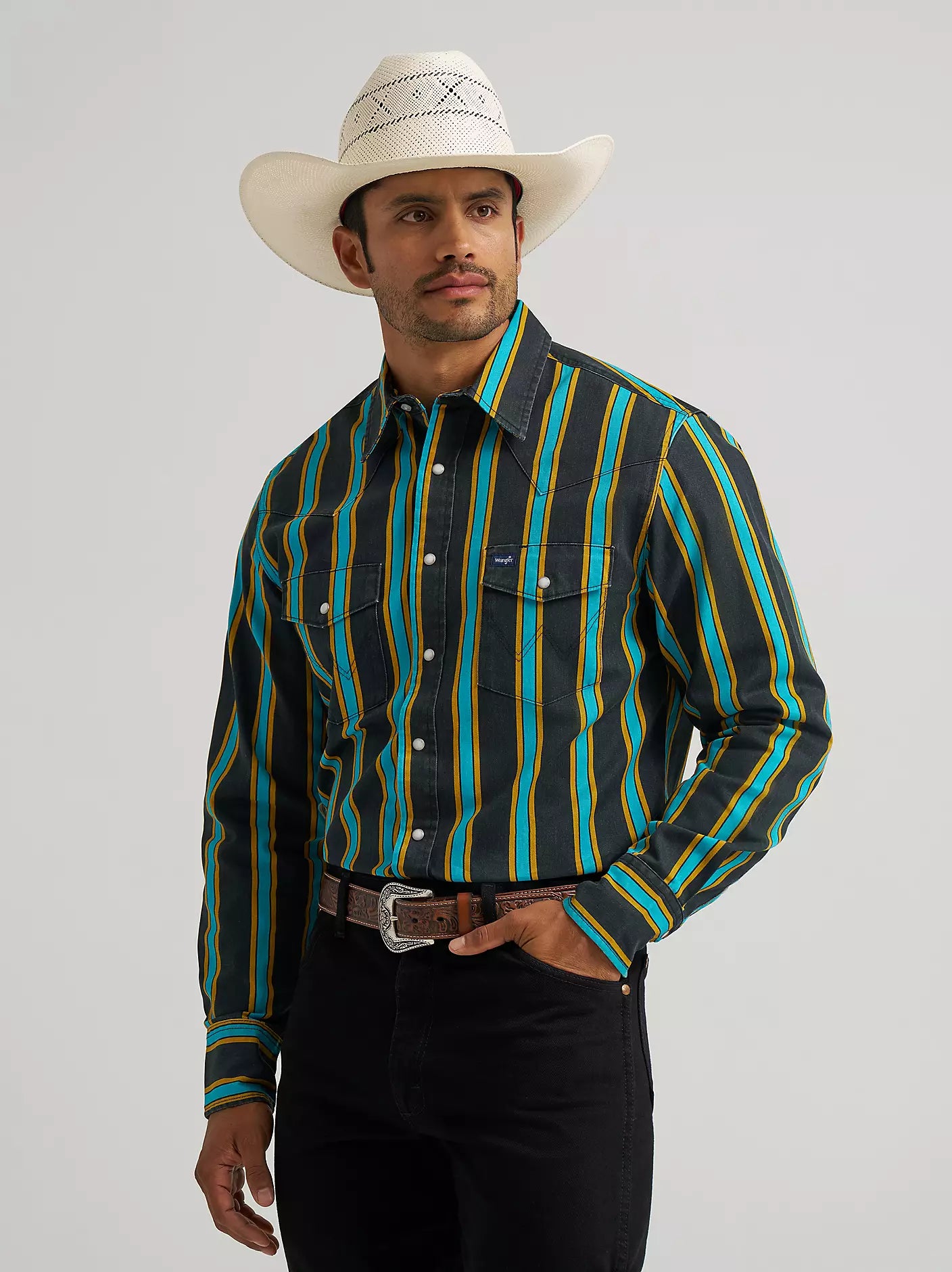 Men's Wrangler Vintage-Inspired Brushpopper Western Snap Shirt - Teal Pop - 112375714