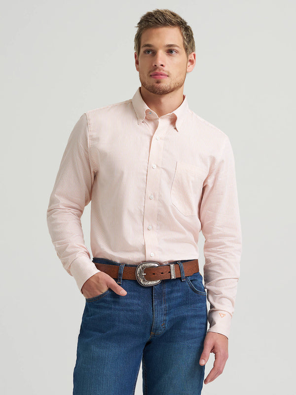 Wrangler Mens Peach Stripe Cody Johnson Button Down Shirt-112378973