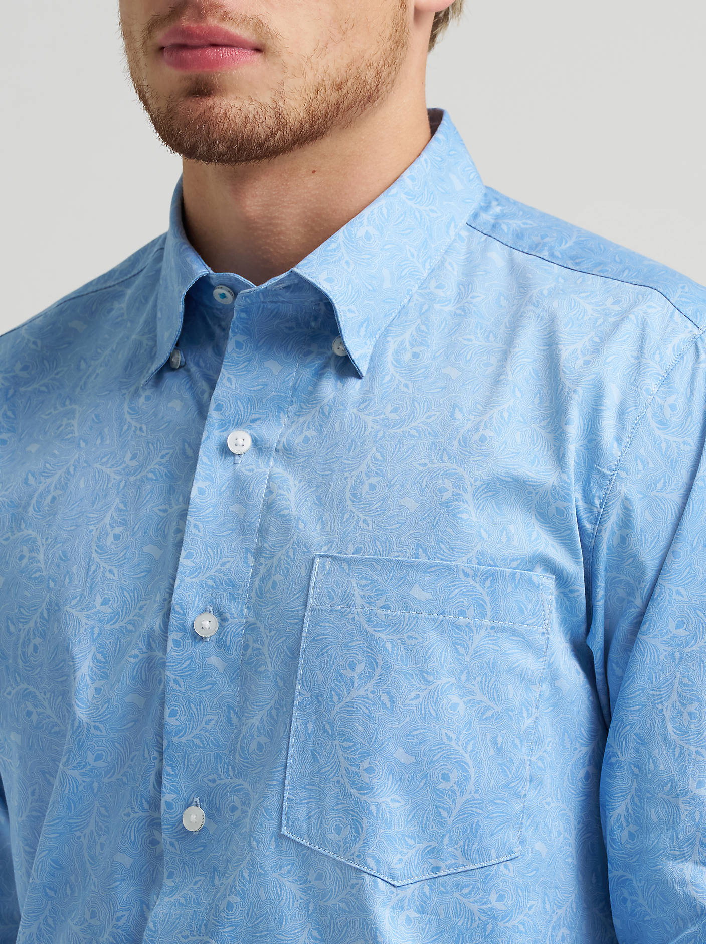 Wrangler Men's Dusty Blue Leaf Cody Johnson One Pocket Button Down Shirt-112378979