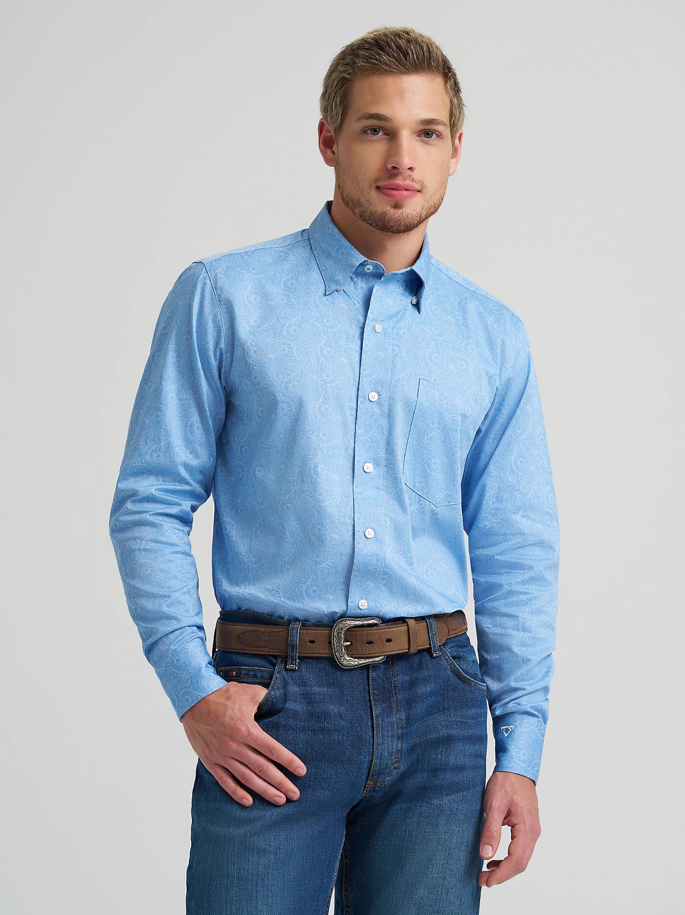 Wrangler Men's Dusty Blue Leaf Cody Johnson One Pocket Button Down Shirt-112378979