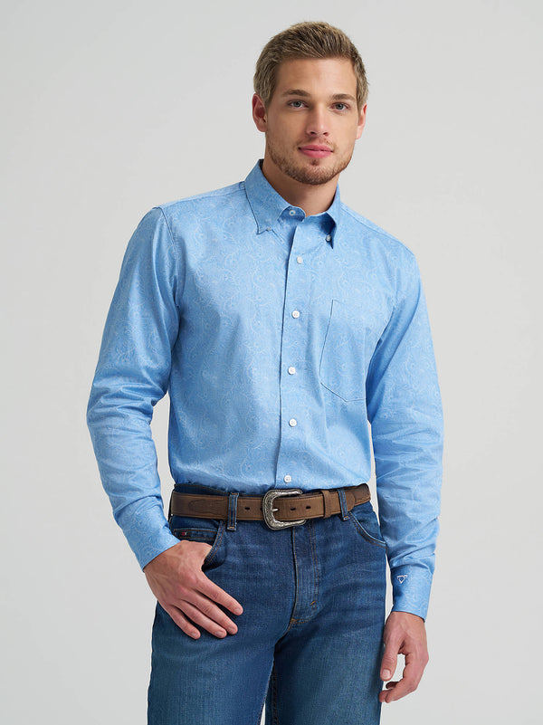 Wrangler Mens Dusty Blue Leaf Cody Johnson One Pocket Button Down Shirt-112378979