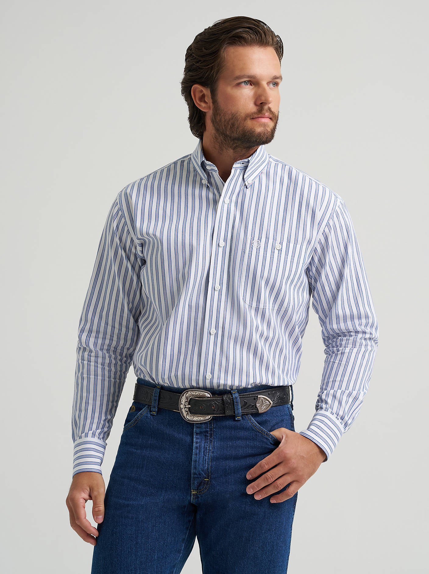 Wrangler Men's Striped Blue George Strait Button Down Shirt-112379063
