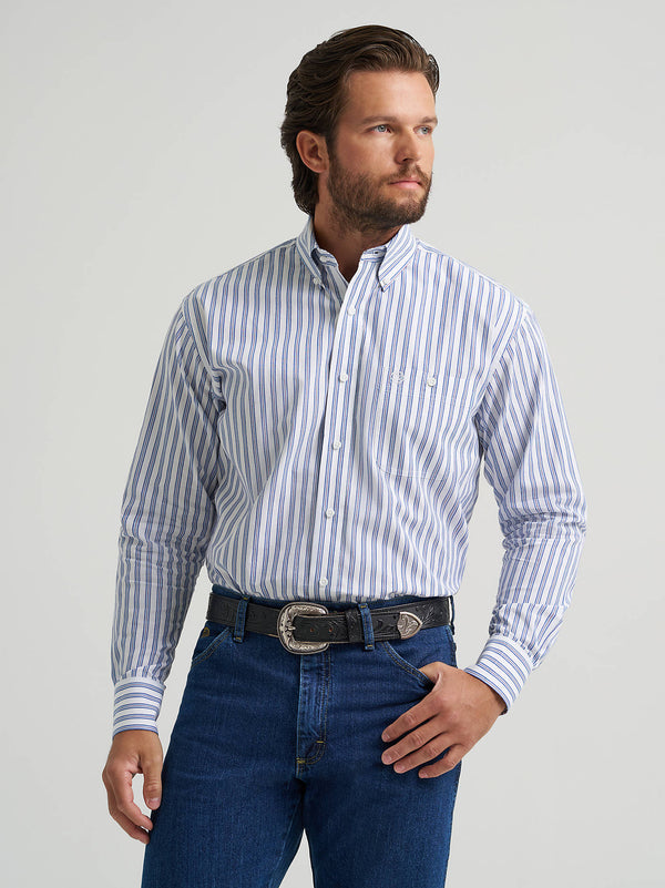 Wrangler Mens Striped Blue George Strait Button Down Shirt-112379063