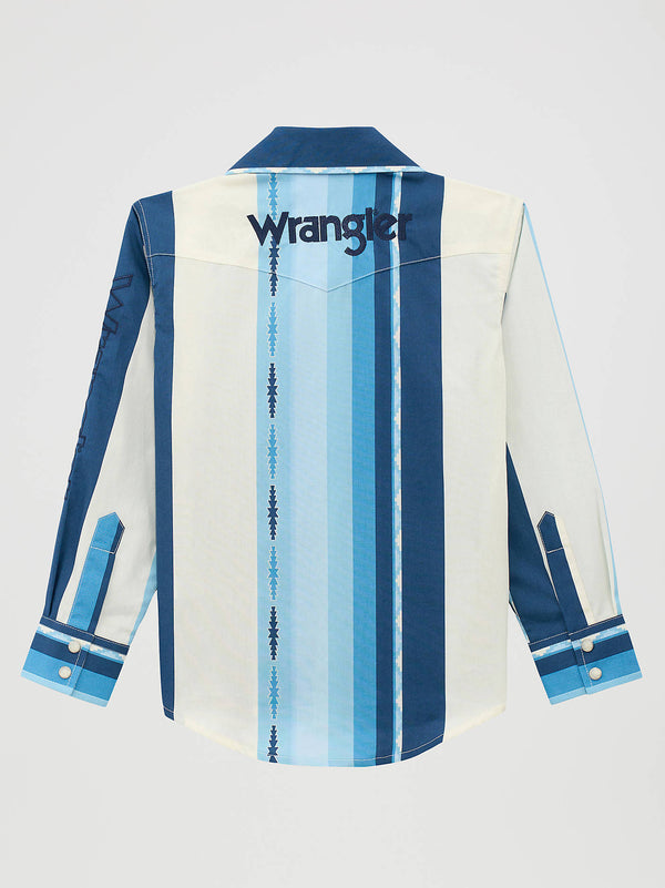 Wrangler Boys Blue Clouds Logo Stripe Western Snap Shirt-112379217