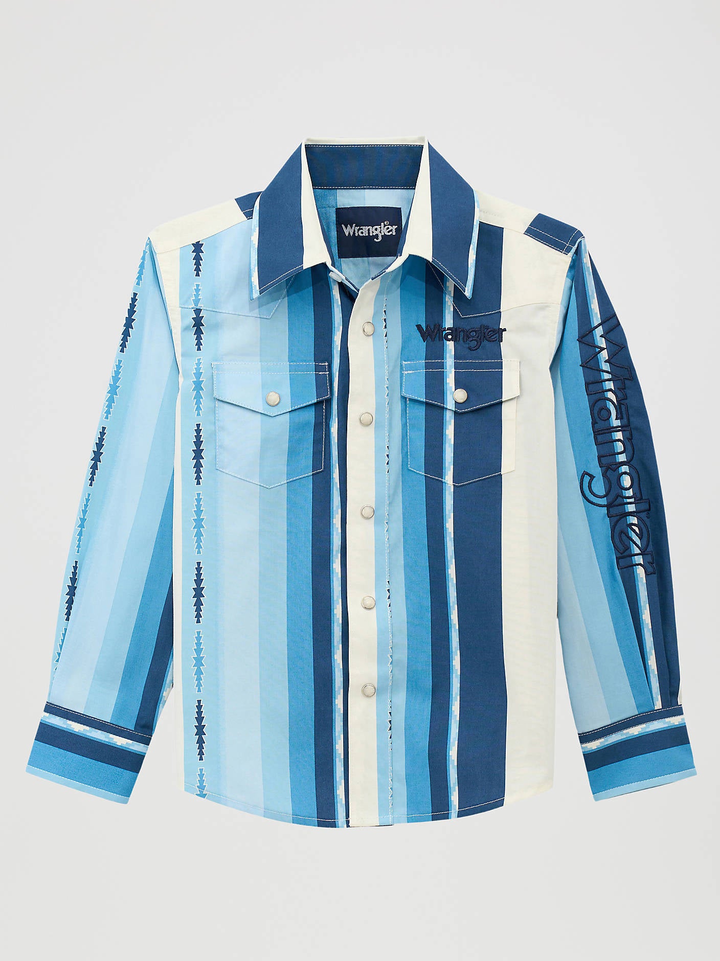 Wrangler Boys Blue Clouds Logo Stripe Western Snap Shirt-112379217