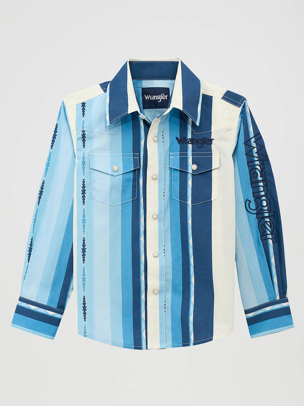 Wrangler Boys Blue Clouds Logo Stripe Western Snap Shirt-112379217