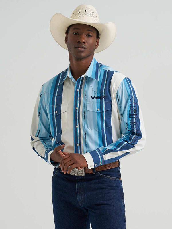 Wrangler Mens Blue Clouds Logo Long Sleeve Snap Shirt-112379239