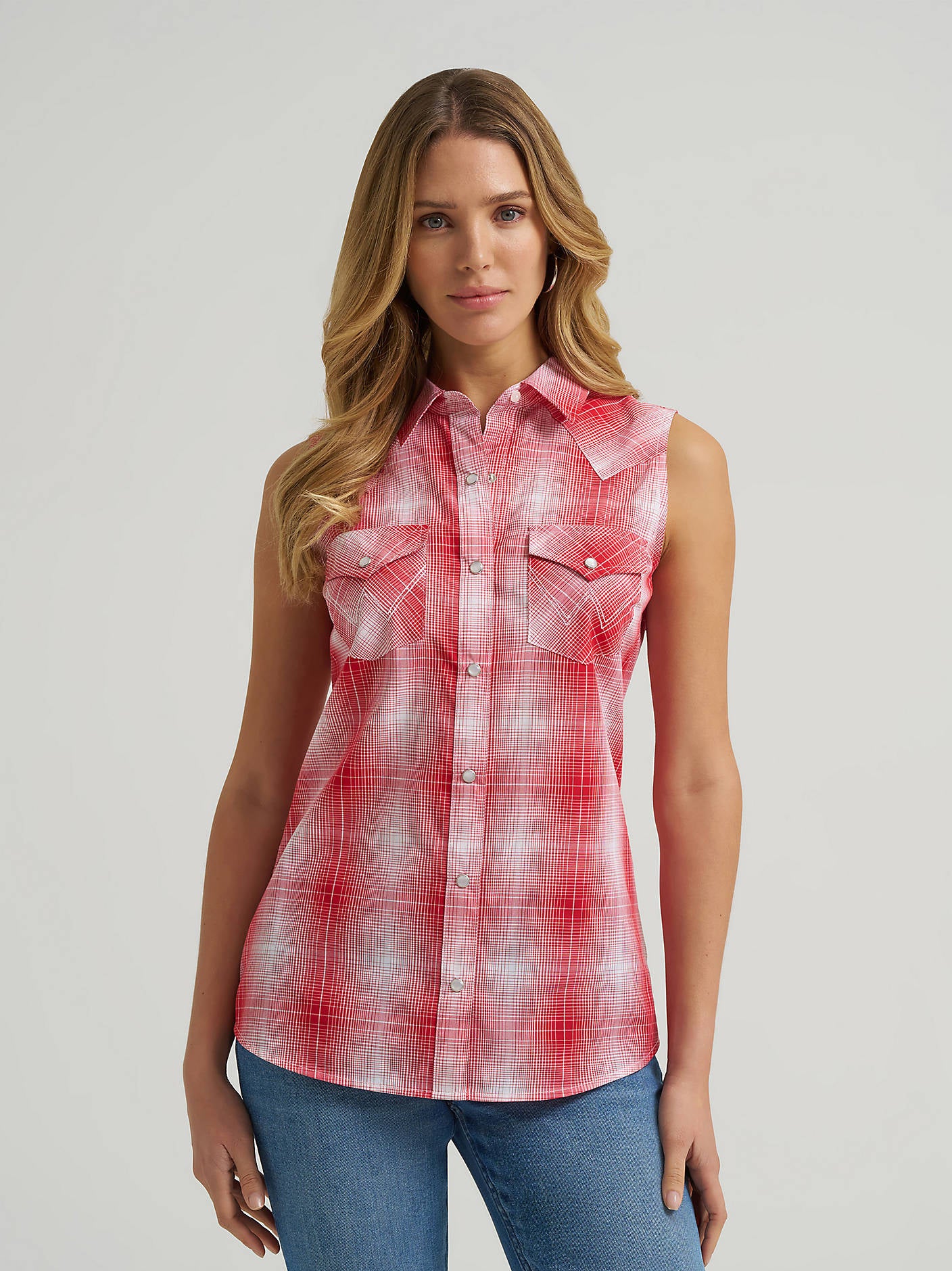 Wrangler Ladies Red Picnic Essential Sleeveless Snap Shirt-112379473