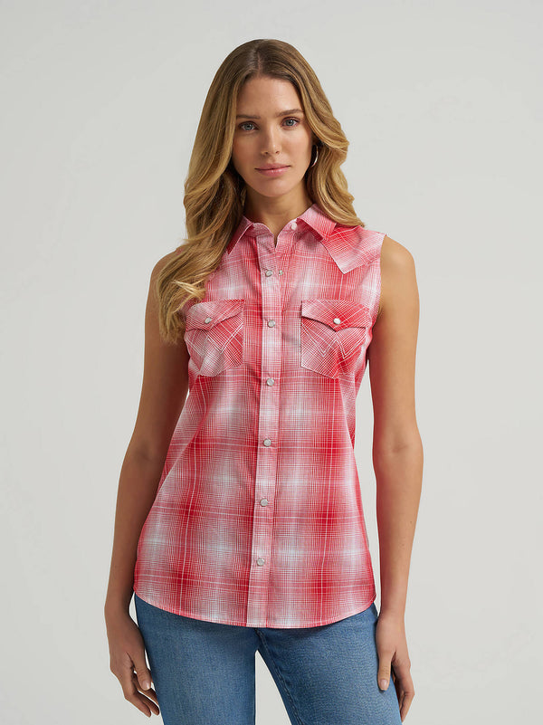 Wrangler Ladies Red Picnic Essential Sleeveless Snap Shirt-112379473