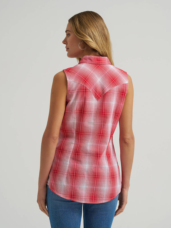 Wrangler Ladies Red Picnic Essential Sleeveless Snap Shirt-112379473