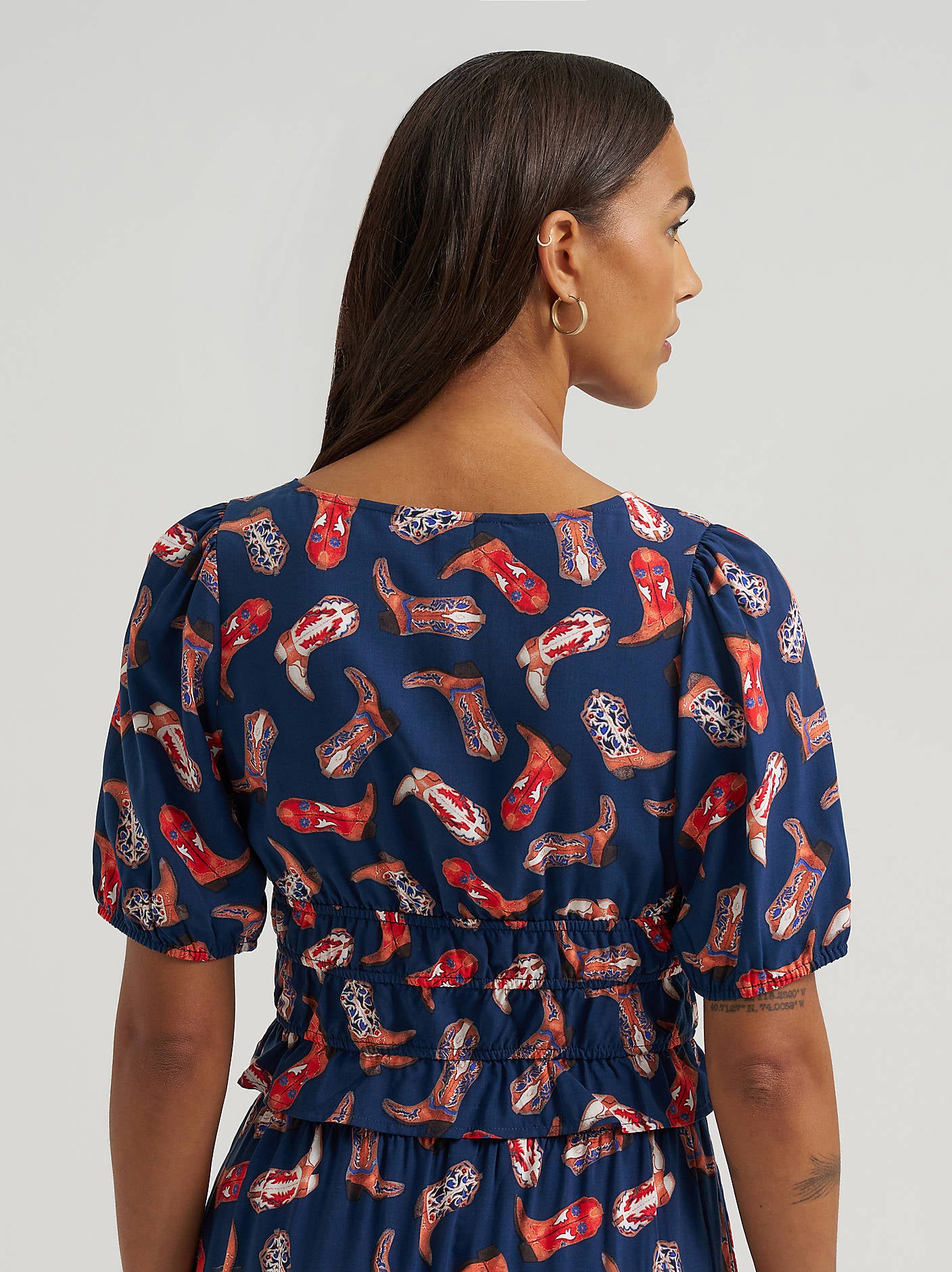 Wrangler Ladies Blue Puff Sleeve V-Neck Blouse-112379488