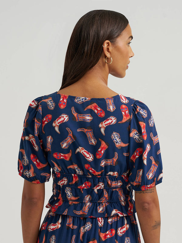 Wrangler Ladies Blue Puff Sleeve V-Neck Blouse-112379488