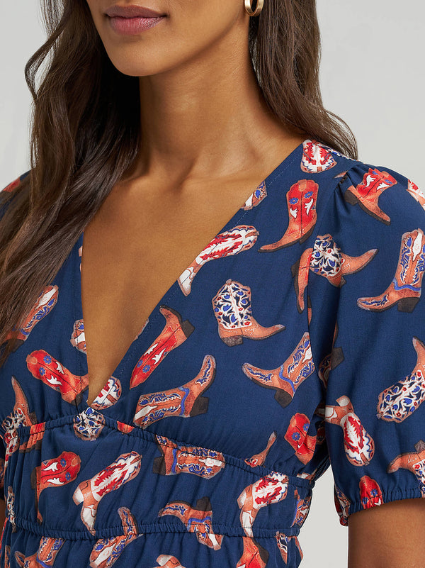 Wrangler Ladies Blue Puff Sleeve V-Neck Blouse-112379488