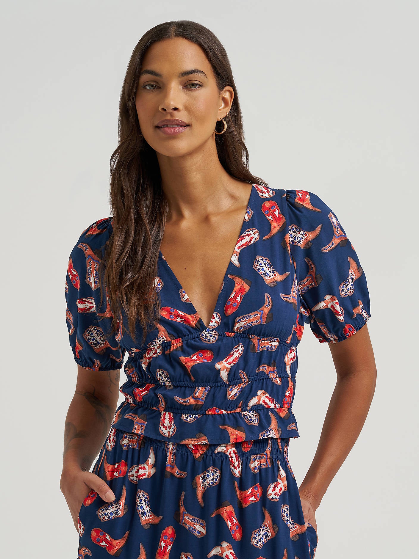 Wrangler Ladies Blue Puff Sleeve V-Neck Blouse-112379488
