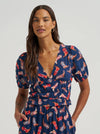 Wrangler Ladies Blue Puff Sleeve V-Neck Blouse-112379488