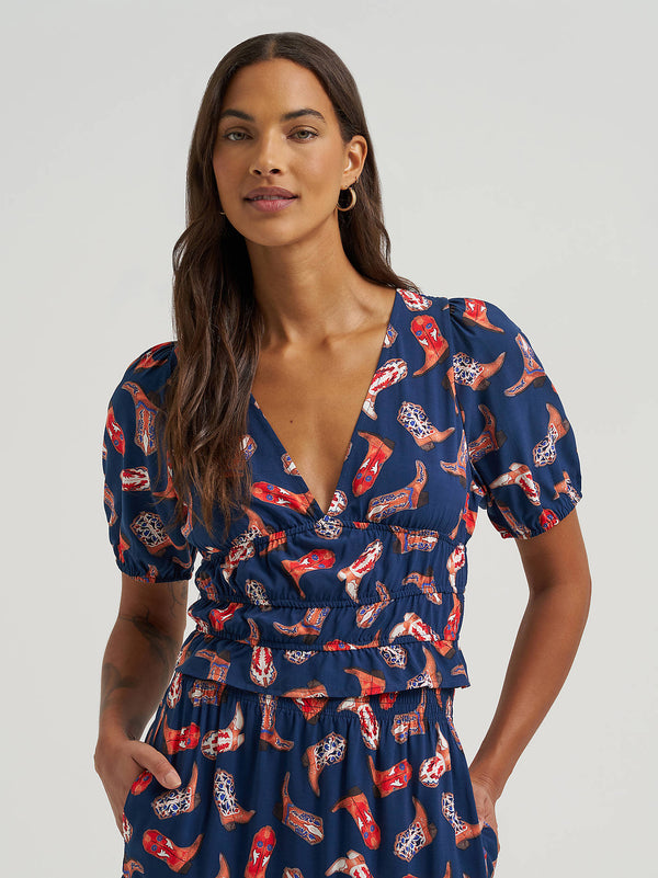 Wrangler Ladies Blue Puff Sleeve V-Neck Blouse-112379488
