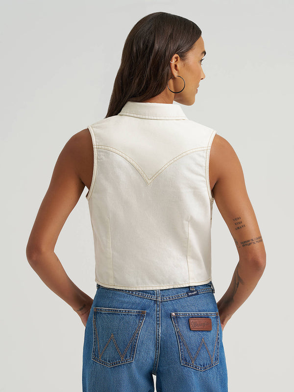 Wrangler Ladies Sleeveless Off White Denim Snap Shirt-112379493