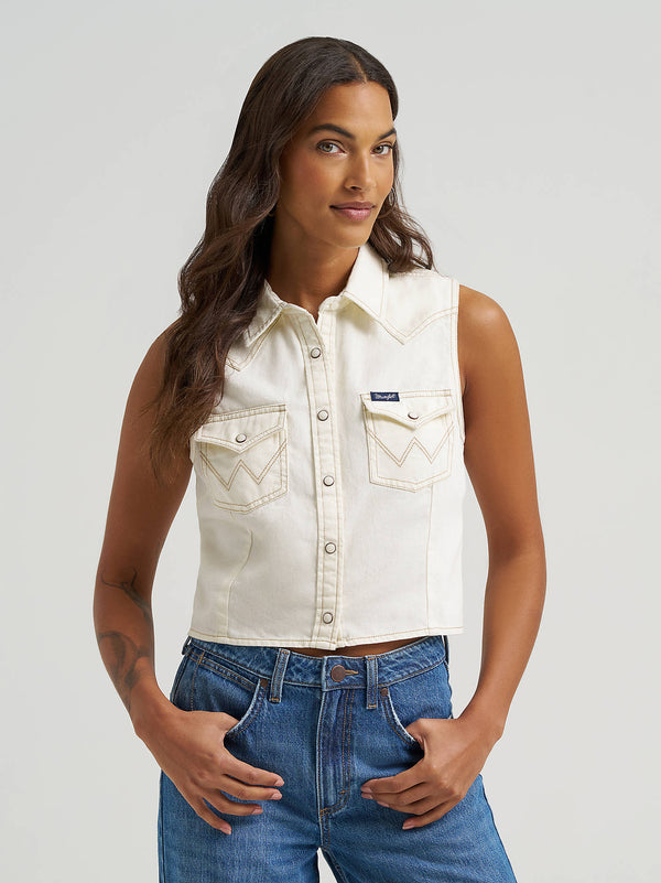 Wrangler Ladies Sleeveless Off White Denim Snap Shirt-112379493