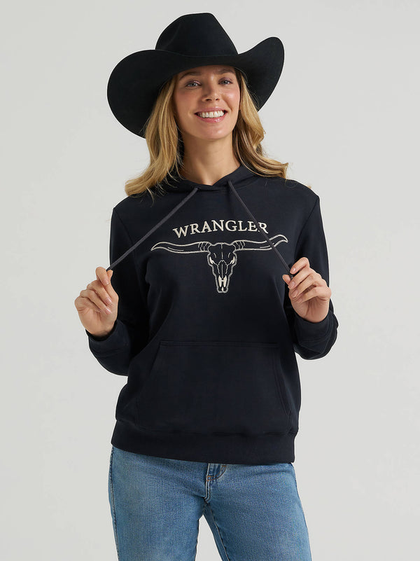Wrangler Ladies Embroidered Steer Head Graphic Pullover Black Hoodie-112380251