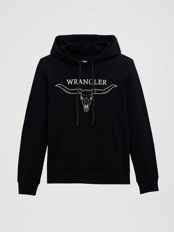 Wrangler Ladies Embroidered Steer Head Graphic Pullover Black Hoodie-112380251