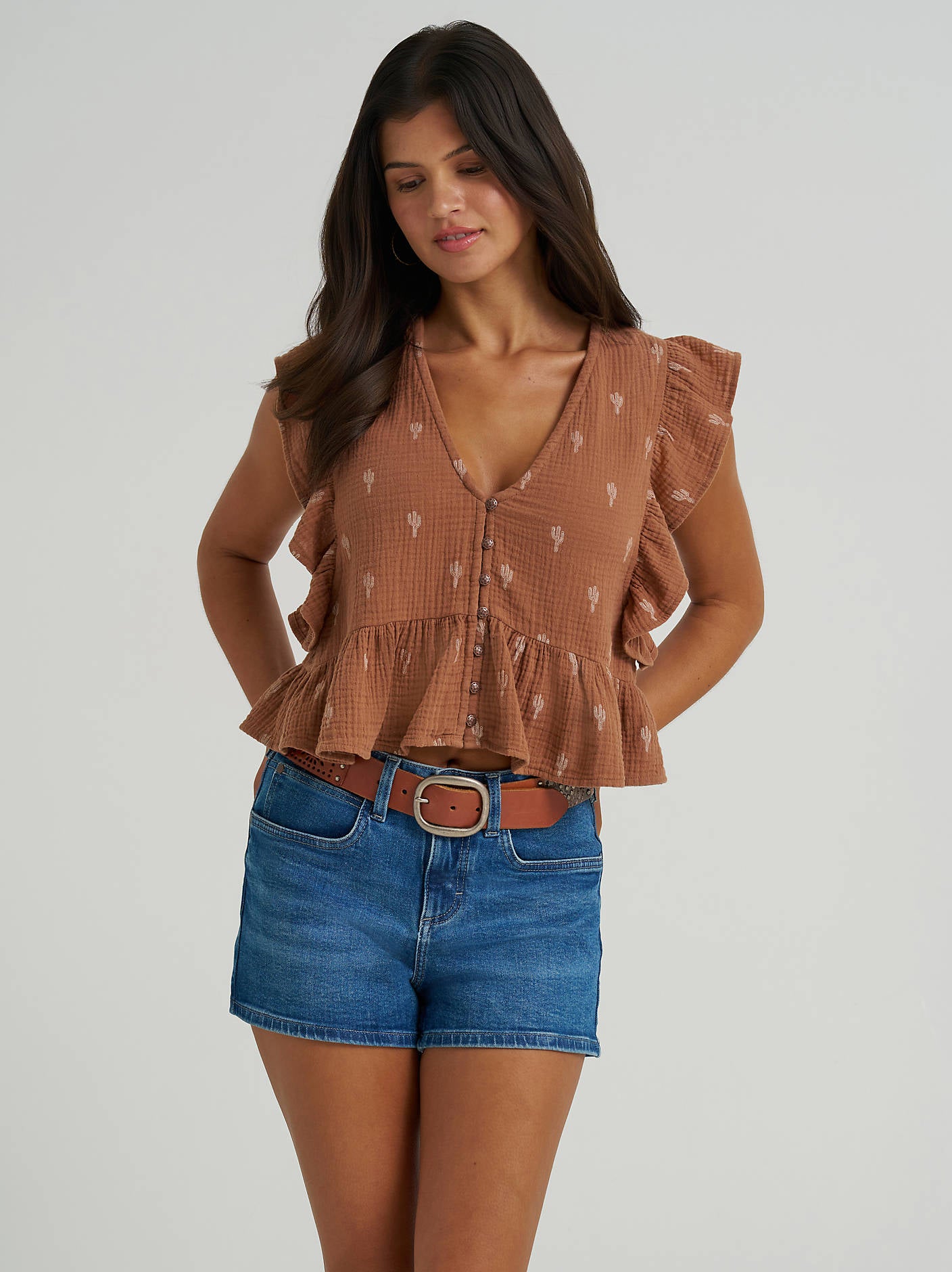 Wrangler Ladies Brown Gauzy Flutter Sleeve Blouse-112380602