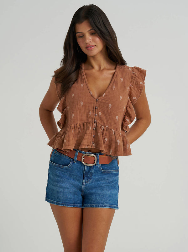 Wrangler Ladies Brown Gauzy Flutter Sleeve Blouse-112380602