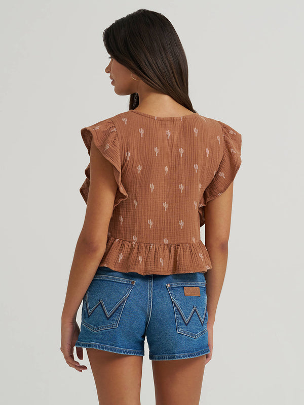 Wrangler Ladies Brown Gauzy Flutter Sleeve Blouse-112380602
