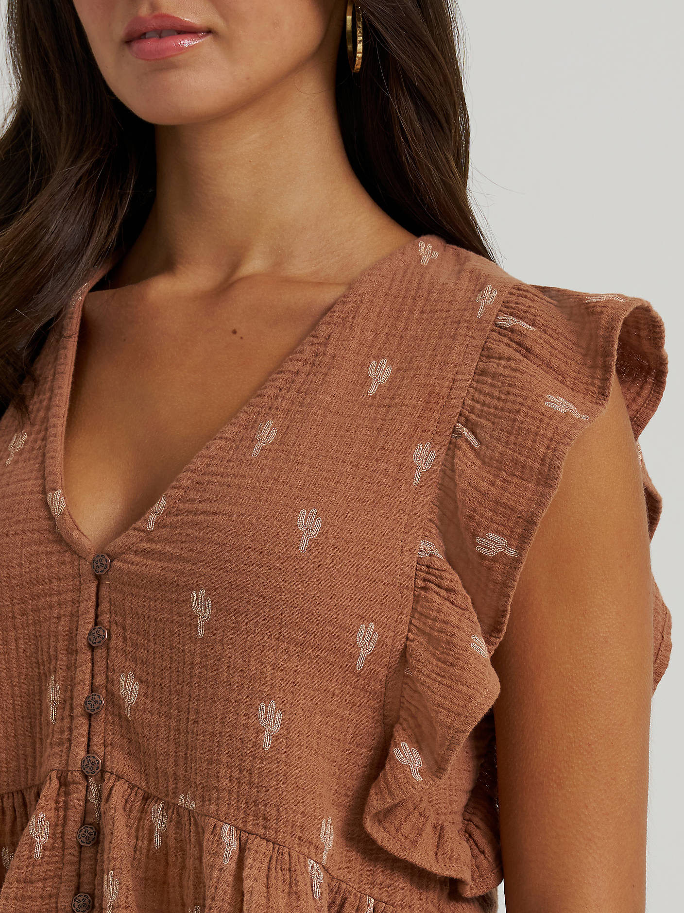 Wrangler Ladies Brown Gauzy Flutter Sleeve Blouse-112380602