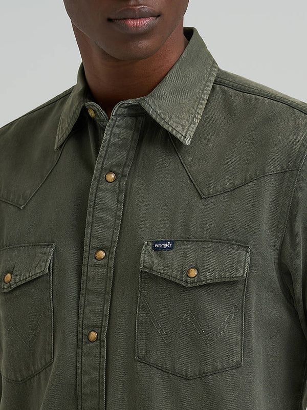 Wrangler Men's Colorwash Denim Western Snap Shirt Olive 112381633
