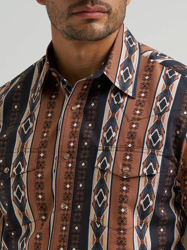 Wrangler Men's Checotah Long Sleeve Western Snap Shirt Mocha 112381991