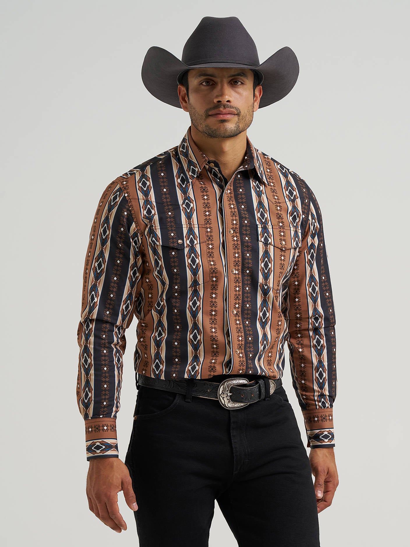 Wrangler Men's Checotah Long Sleeve Western Snap Shirt Mocha 112381991