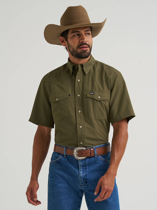 Wrangler Mens Olive All Terrain Gear Performance Solid Shirt-112382383