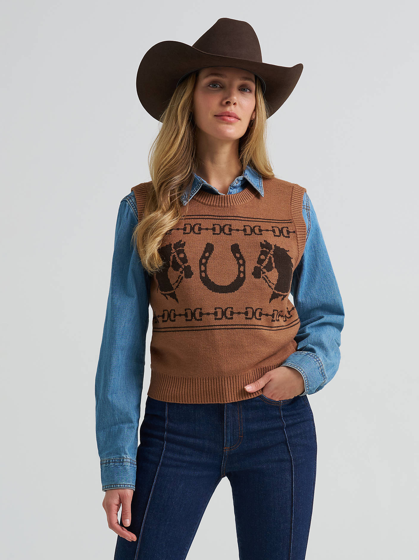 Wrangler Ladies Horse Sweater Vest Brown 112382527