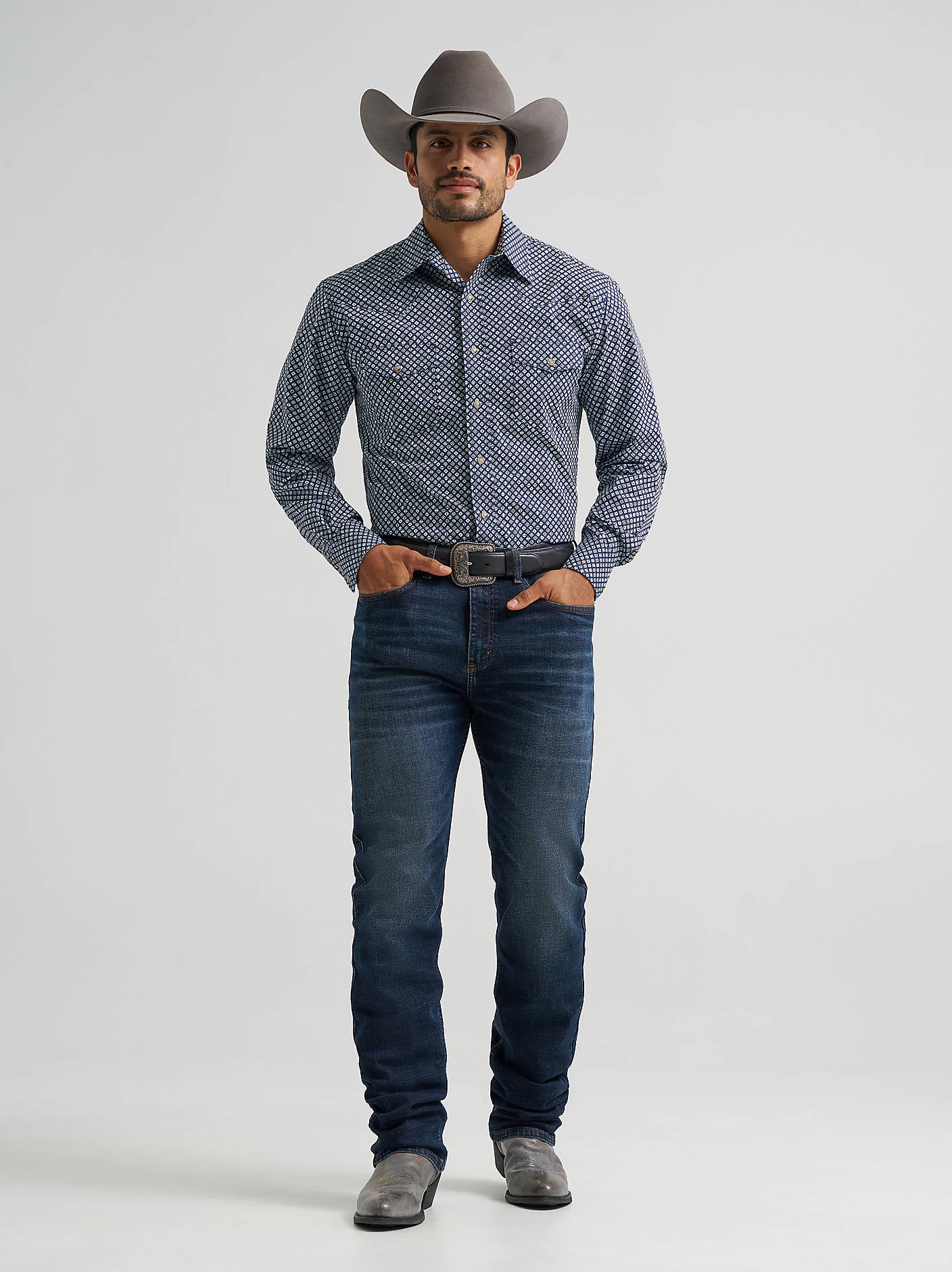 Wrangler Men's 20X Competition Long Sleeve Snap Shirt Navy Dice 112384657