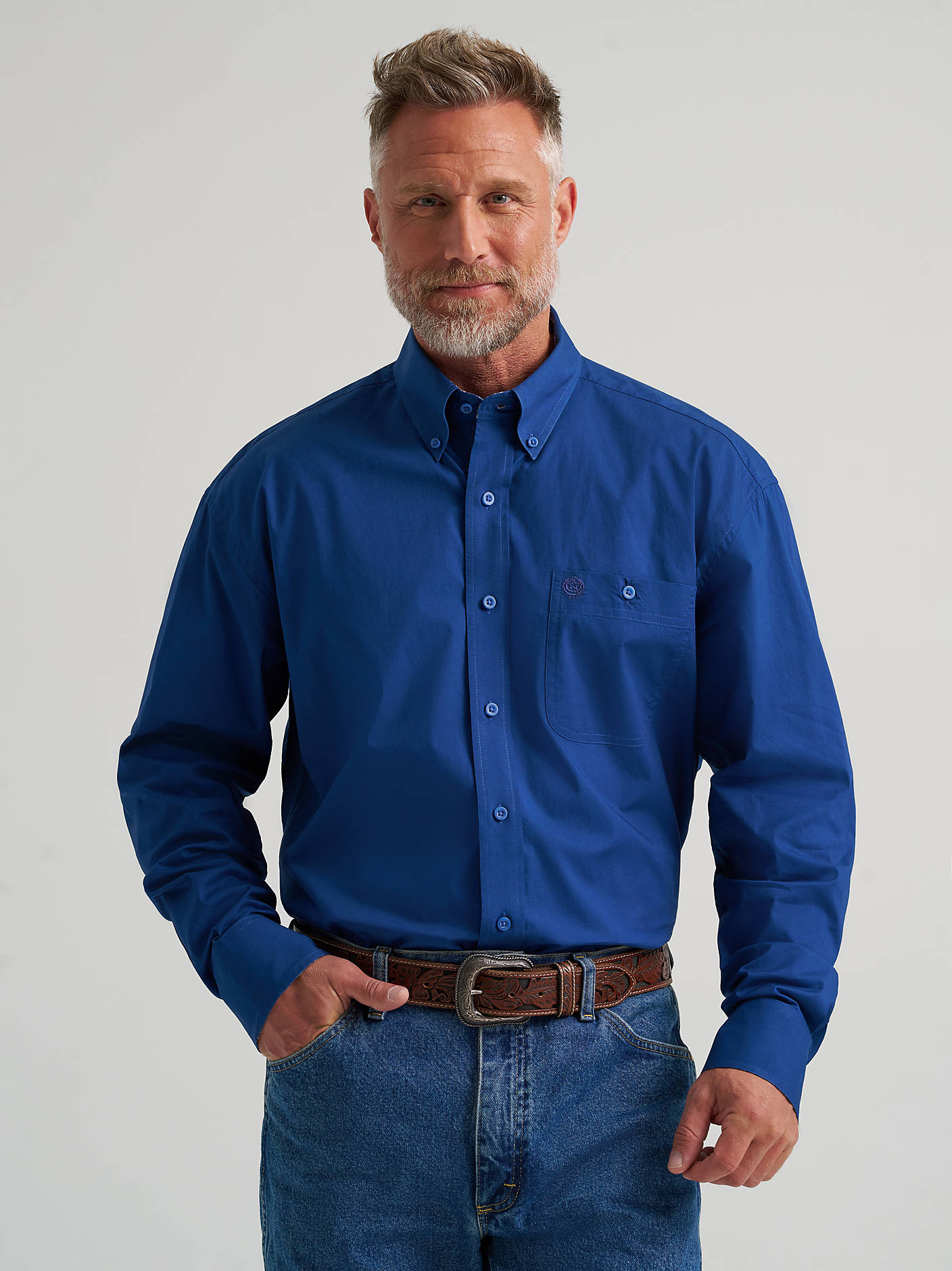 Wrangler Mens Blue Creek George Strait Solid Button Down Shirt-112385360