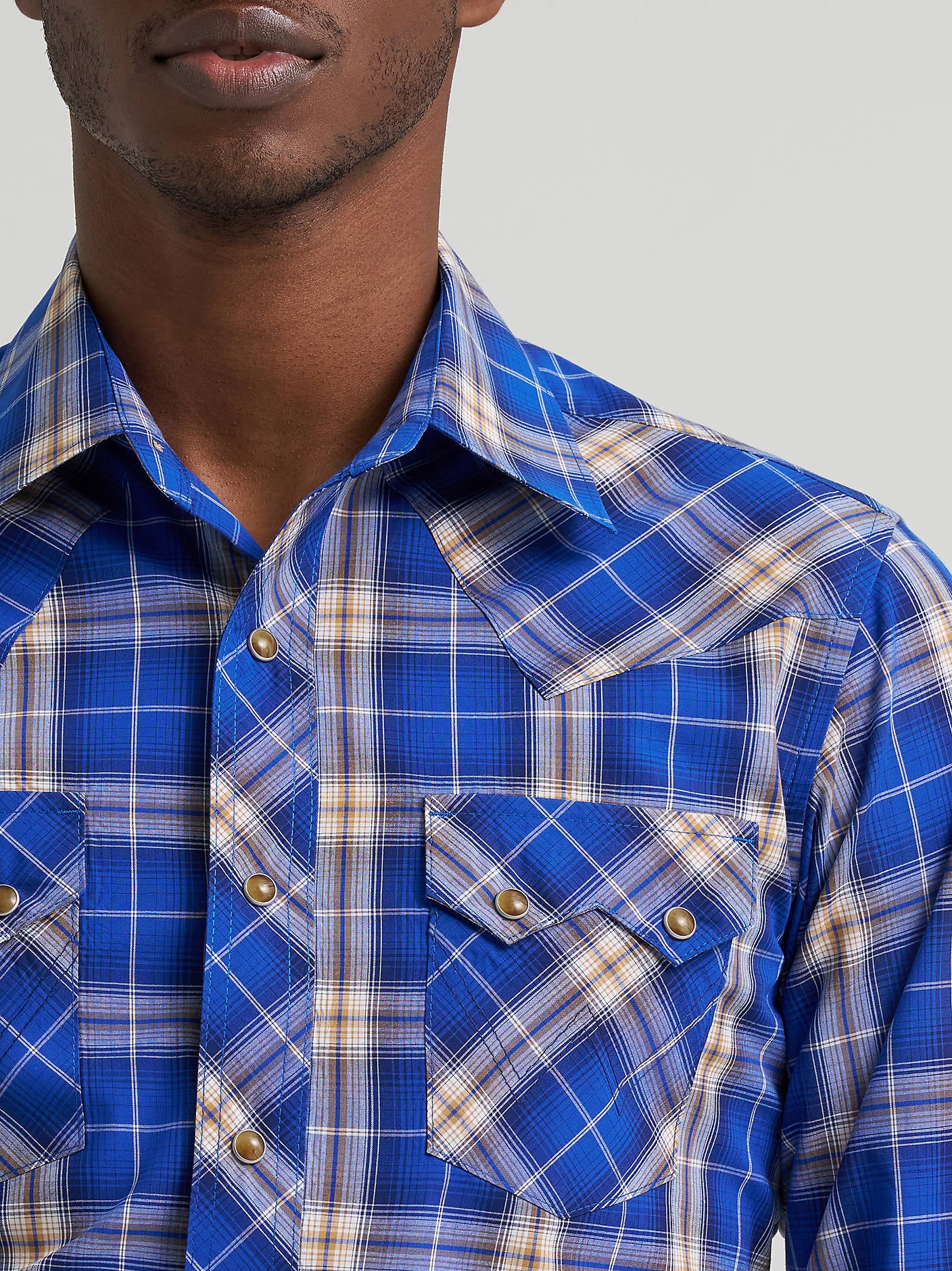 Wrangler Mens Blue Plaid Retro Long Sleeve Sawtooth Snap Shirt-112385597